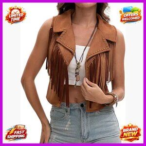 Faux Suede Cropped Vest with Fringe Tassels Studded Boho Western Style